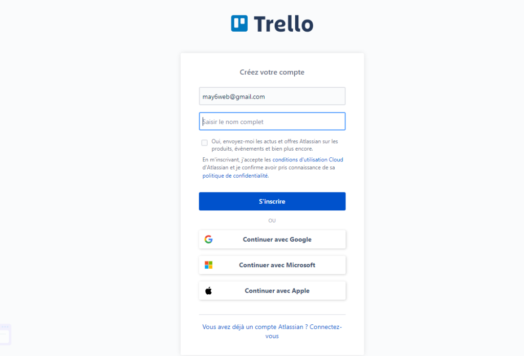 Création compte atlassian