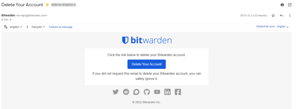 Mail suppression compte Bitwarden
