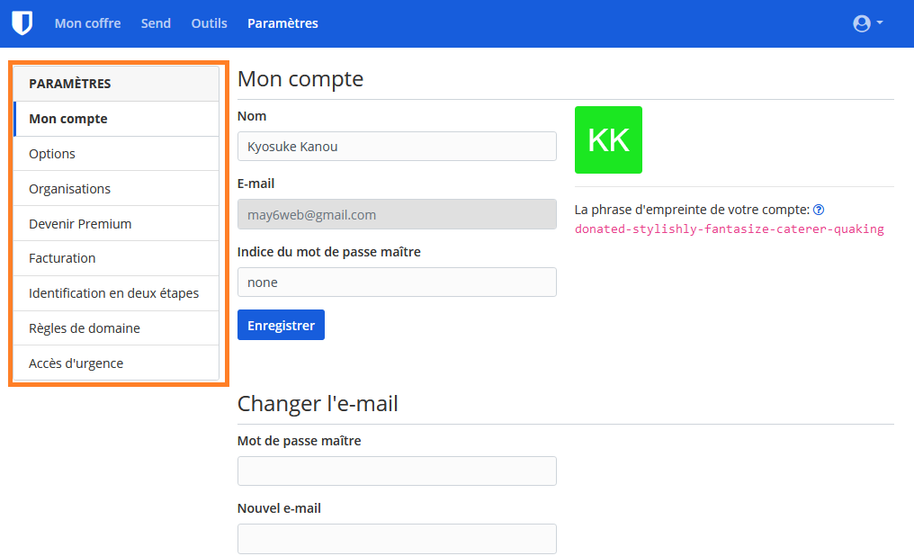 Paramètres Bitwarden