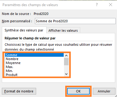 Choix du calcul des valeurs