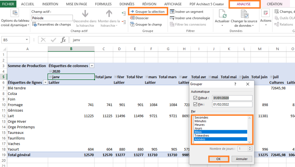 Grouper dates Excel avant 2016