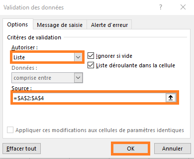 Boite de dialogue pour la validation de données