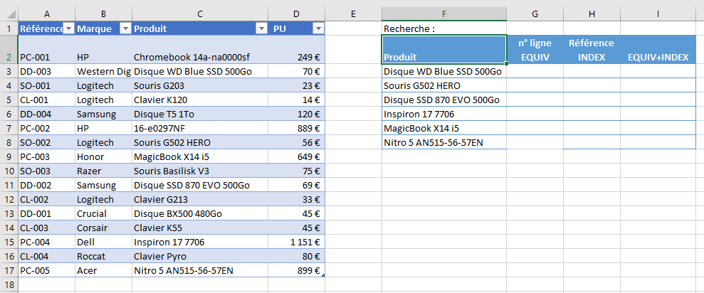 Préparation d'une recherche INDEX et EQUIV