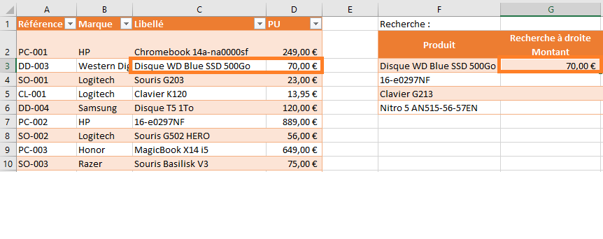 recherche à droite