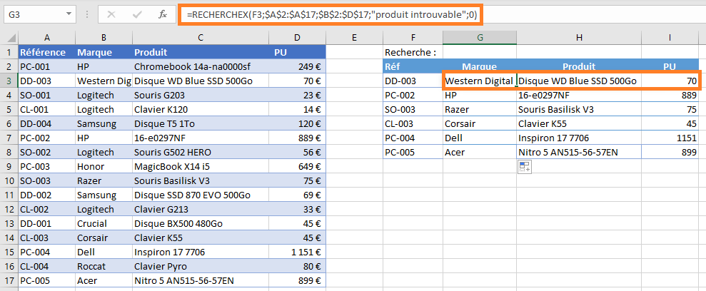 RECHERCHEX avec formule propagée