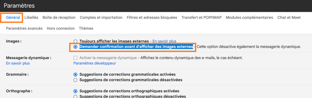 paramétrage désactivation images GMail