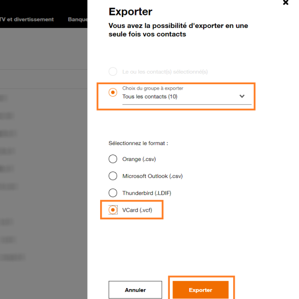 export contacts Orange