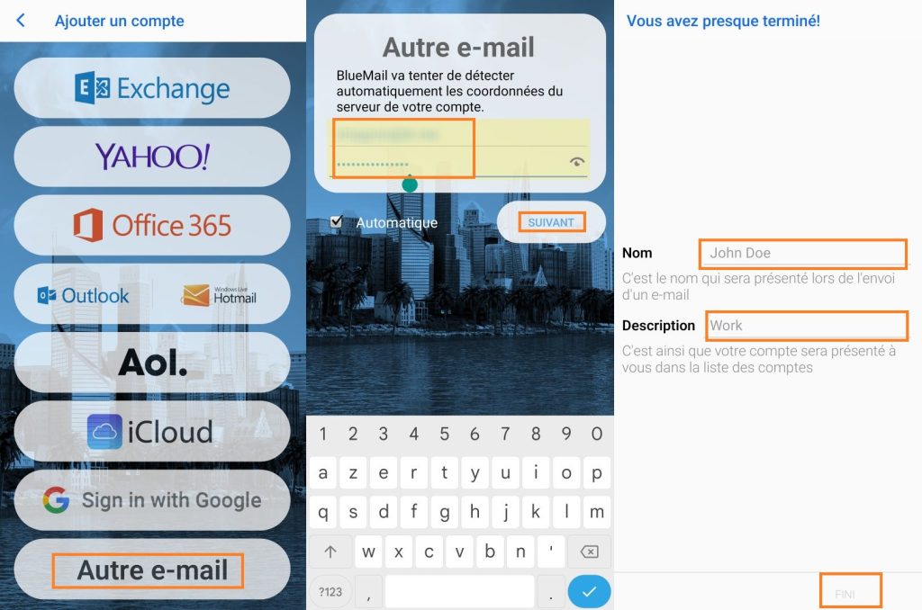 Fin ajout compte sur Bluemail mobile