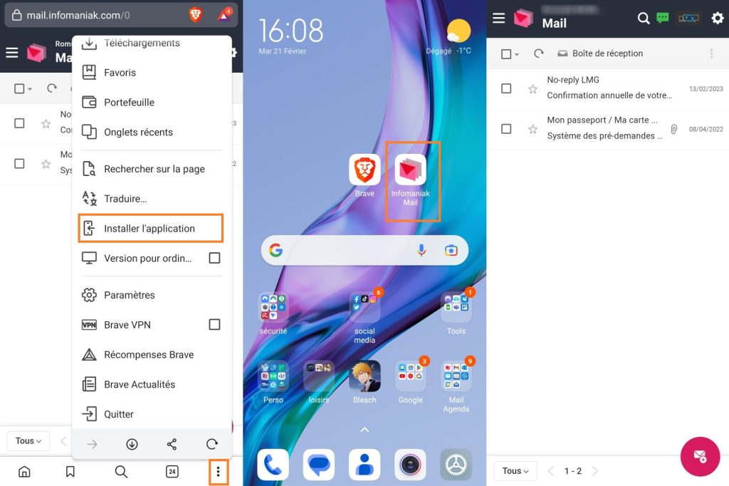 kMail avec Brave sur Android