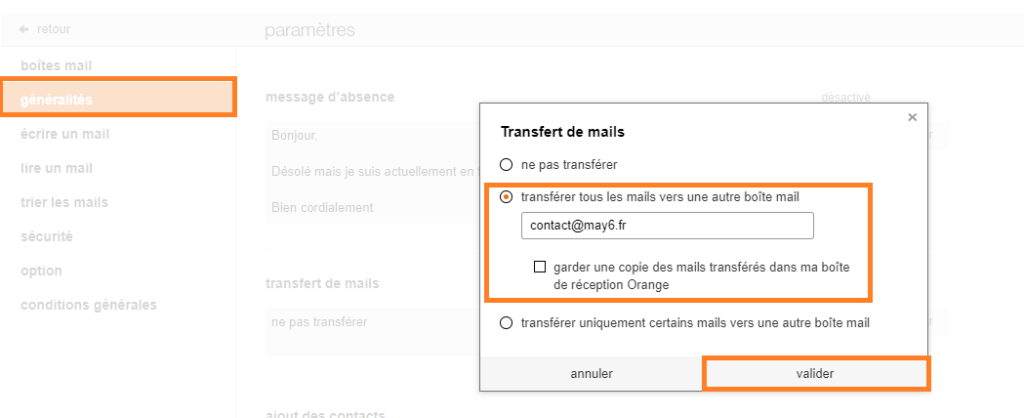 transfert mails Orange