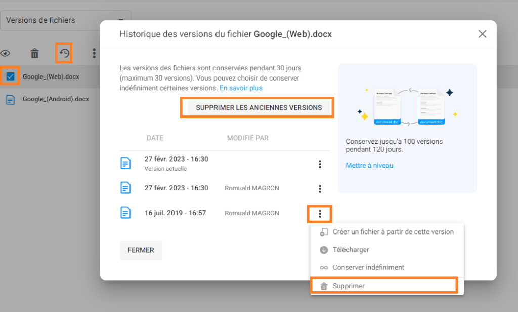 Suppression d'une version de fichier