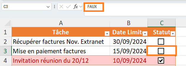 valeur affichée dans la barre de formule