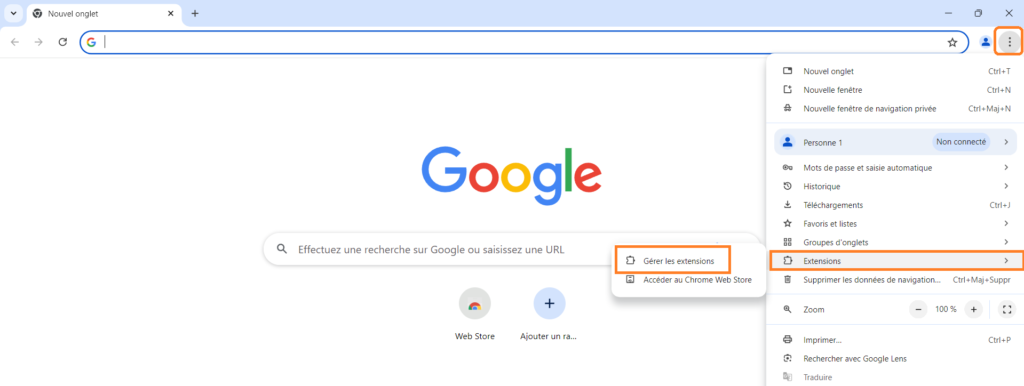 Accès extensions Google Chrome