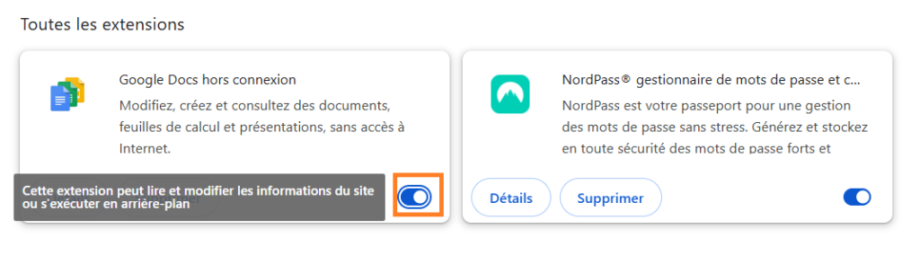 désactiver extension chrome