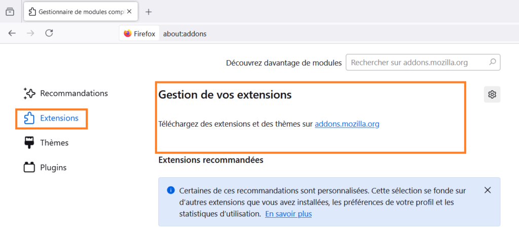 Accès aux extensions Firefox