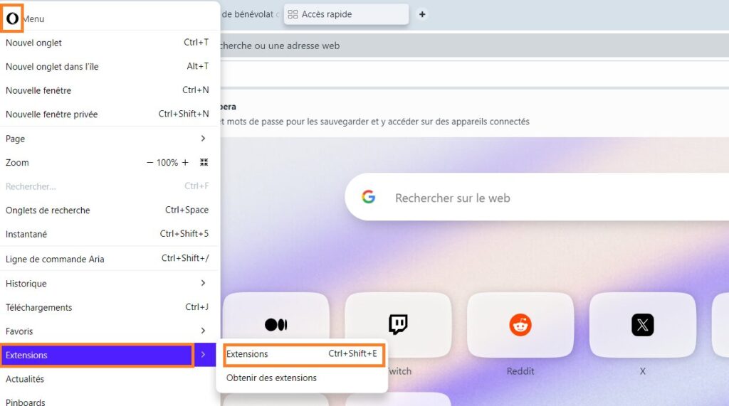 Accès aux extensions Opera