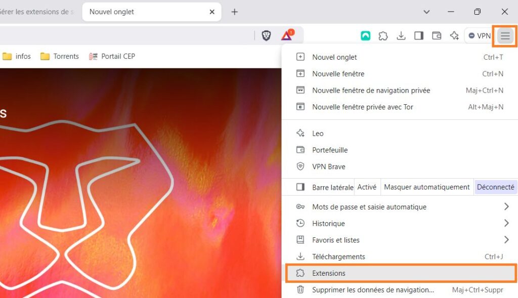 Accès aux extensions Brave