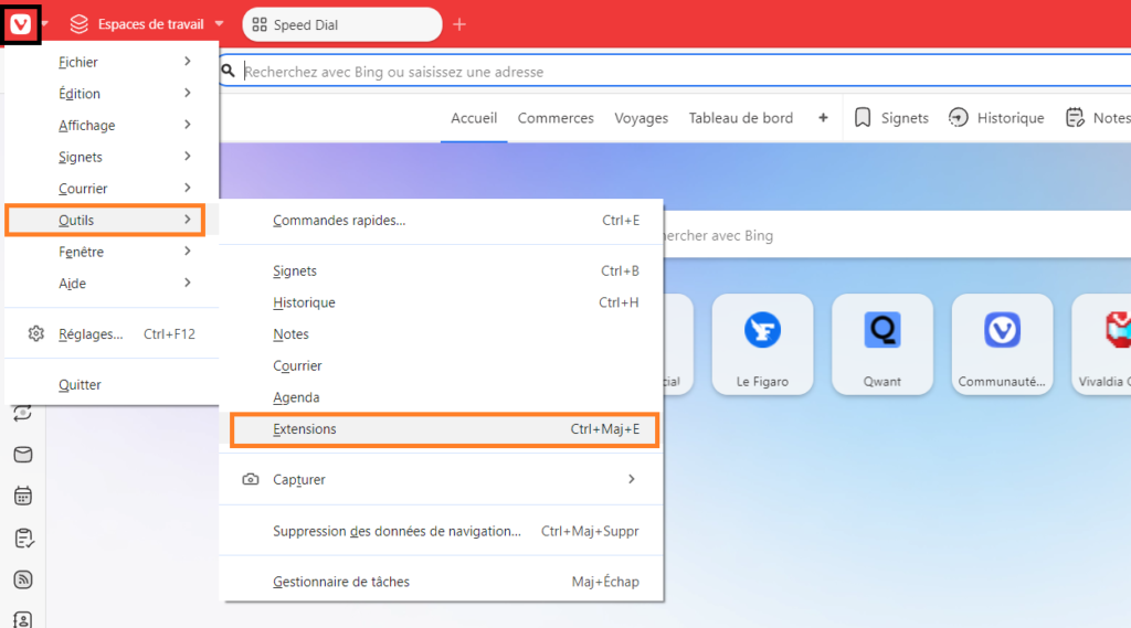 Accès aux extensions Vivaldi