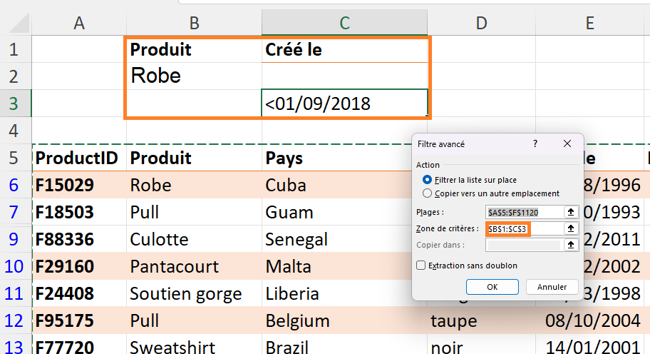 Filtre avec au moins 1 critère