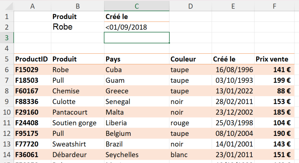 Zone de critères