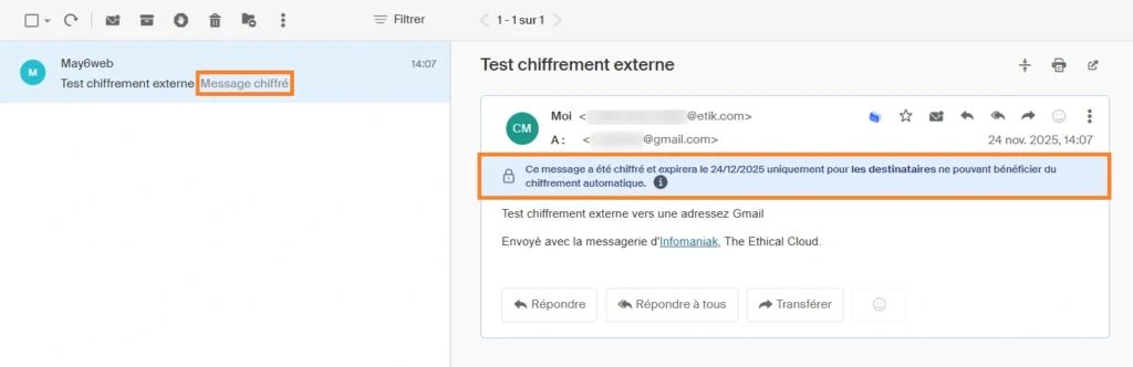 mail chiffré Gmail envoyé