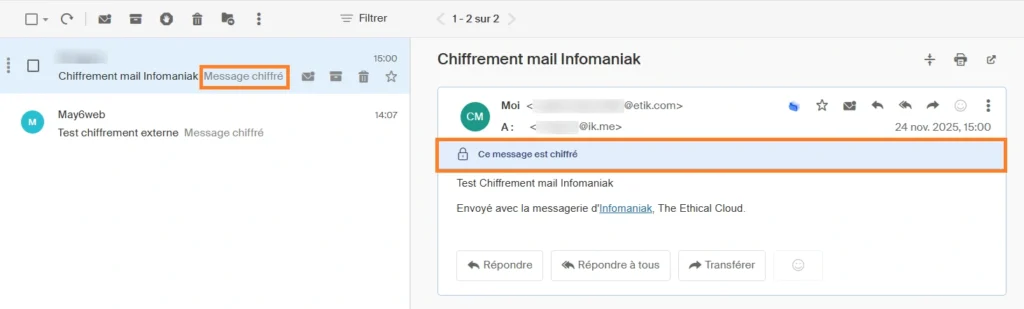 Mail chiffré envoyé