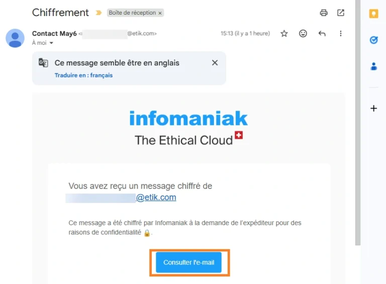Mail d'invitation pour accéder au mail chiffré