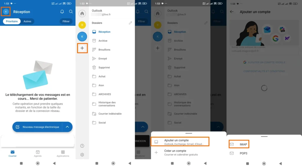 Ajout copte sur Outlook mobile