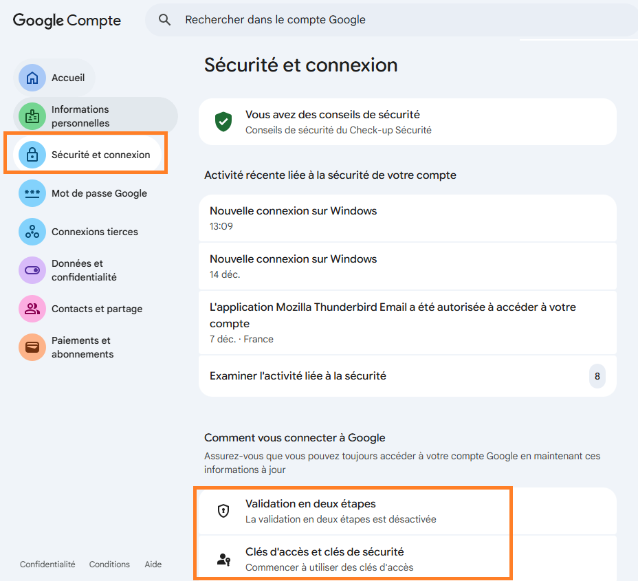 Accès MFA Google