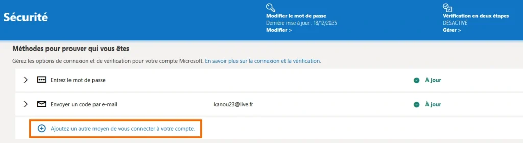 Centre de sécurité compte Microsoft
