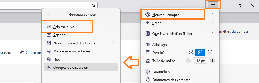 Ajouter un compte Thunderbird - accès menu