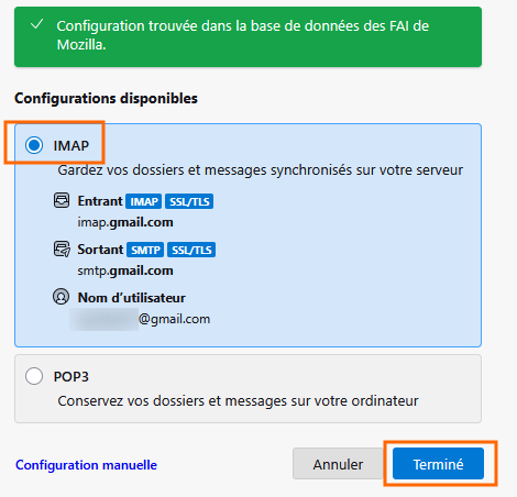 Configuration réussie - Choix IMAP ou POP3